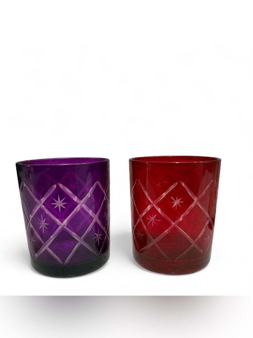 Purple and Red Etched Glass Tumblers - Brand Unknown